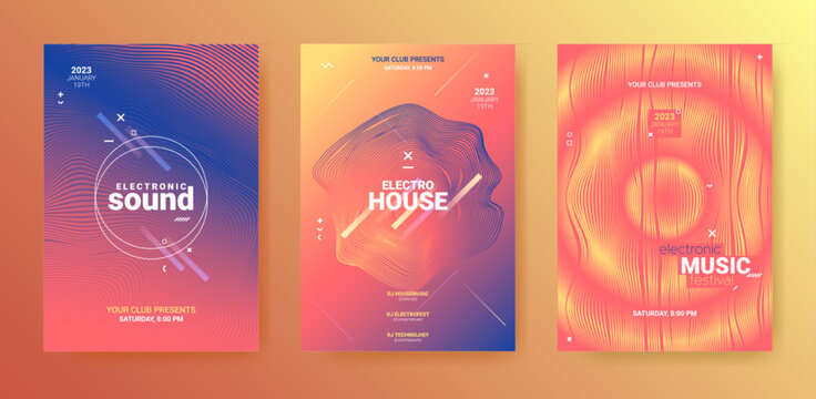 3d Techno Sound Flyer. Geometric Festiv Banner. Gradient Distort Lines. Techno Sound Flyer Set. Electronic Party Cover. Music Dance Poster. Vector Dj Background. Abstract Techno Sound Flyers.