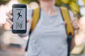 Person with phone and rock climbing app on a qr code scan on screen, logo or icon available for software download. Extreme sport application on mobile smartphone for climbers to join group or team
