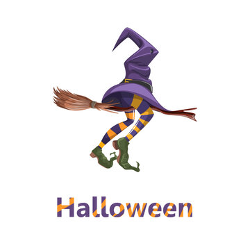 Vector image of a witch's hat and legs sticking out from under it. Halloween. Cartoon style. Isolated on white background. EPS 10
