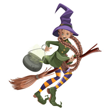 Vector image of a young witch with a broom.Halloween. Cartoon style. Isolated on white background. EPS 10