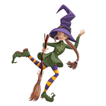 Vector image of a young witch with a broom.Halloween. Concept. Cartoon style. Isolated on white background. EPS 10