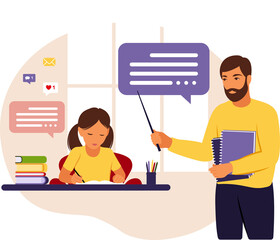 Teacher teaches the girl at home or school. Conceptual illustration for school, education and homeschooling. Teacher helping girl with homework. 