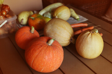 A crop of vegetables grown in your garden. Harvesting. Autumn. Ripe pumpkins, zucchini, carrots, collected at the dacha