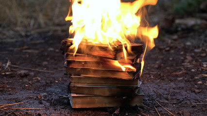 A stack of old books on fire burns on the ground