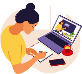 Girl study at computer. Online learning concept. Video lesson. Distance study. Can use for web banner, infographics, hero images. 