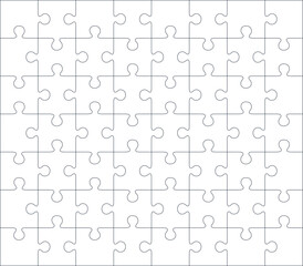 Jigsaw blank template or cutting guidelines of 56 pieces, 7 x 8 tiles vector puzzle game - obrazy, fototapety, plakaty
