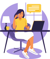 Woman sitting table with laptop and phone. Working on a computer. Freelance, online education or social media concept. Studying concept. 