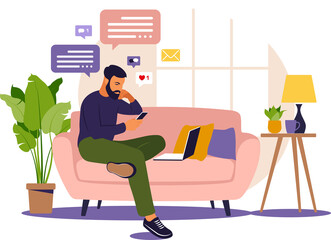 Man sitting in a sofa and working online at home. Freelance, online education or social media concept. 