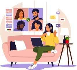 Video conference. People on computer screen talking with colleague or friends. Online meeting workspace.