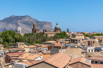 Palermo, Italy - July 7, 2020: Aerial view of Palermo with old houses, churchs and monuments, Sicily, Italy