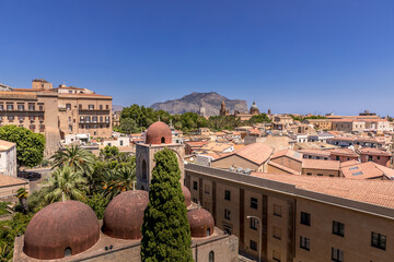 Palermo, Italy - July 7, 2020: Aerial view of Palermo with old houses, churchs and monuments,...