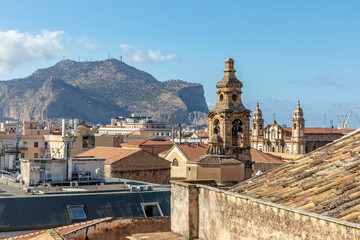Fototapeta na wymiar Palermo, Italy - July 7, 2020: Aerial view of Palermo with old houses, churchs and monuments, Sicily, Italy
