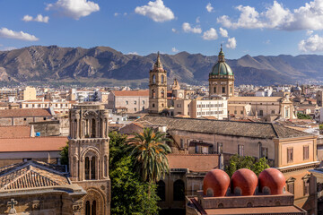 Palermo, Italy - July 7, 2020: Aerial view of Palermo with old houses, churchs and monuments,...