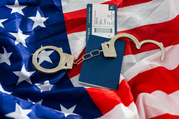 handcuffs and passport, flag of the USA