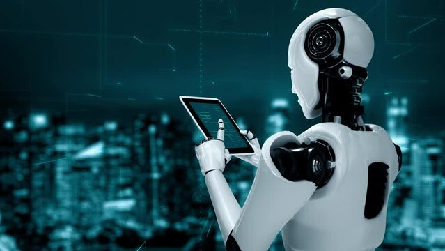 Futuristic robot artificial intelligence huminoid AI programming coding technology development and machine learning concept. Robotic bionic science research for future of human life. 3D rendering.