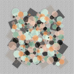 Collage of circles and squares, in peach, sage and gray