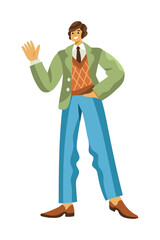 Cheerful man in retro 1960s or 1970s clothes walking and waving hand