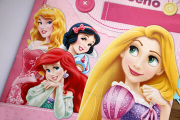 Disney princesses. Aurora from Cinderella, Snow White, Rapunzel, and Ariel the Little Mermaid. Illustrations in a magazine. Characters from classic children's stories.