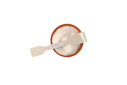 Food additive E407 or E407a. Carrageenan Gum Powder or Carrageenin. Carrageenans are widely used in the food industry, for their gelling, thickening, and stabilizing properties, spatula, ceramic,