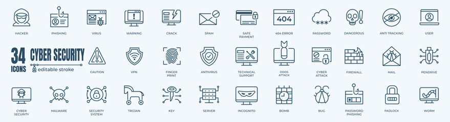 Cyber security editable stroke pictogram and minimal thin line web icon set. Outline icons collection. Simple vector sign. 