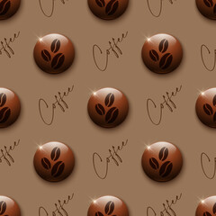 3d realistic glossy spheres with stylized coffee beans and lettering on brown background. Vector seamless pattern. Best for textile, cafe decor, wallpapers, wrapping paper, package and web design.