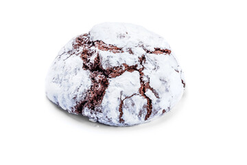 Chocolate chip cookies with cracks on a white background.