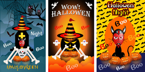 Halloween party background with horror design. Halloween party poster, happy Halloween discount sale podium banner with lantern pumpkin. Halloween night vector illustration with bat spiders ghost.