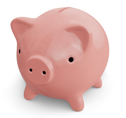Pink piggy bank with shadow. Render 3d. Isolated on transparent background, png.	