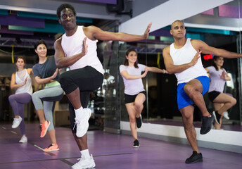 Fototapeta na wymiar People dancing aerobics at lesson in the gym