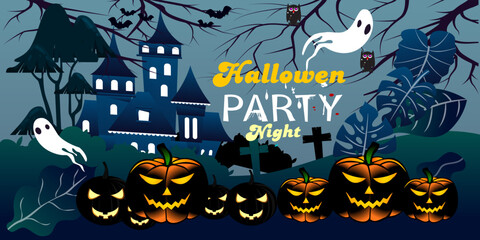 Halloween party background with horror design. Halloween party poster, happy Halloween discount sale podium banner with lantern pumpkin. Halloween night vector illustration with bat spiders ghost.