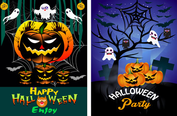 Halloween party background with horror design. Halloween party poster, happy Halloween discount sale podium banner with lantern pumpkin. Halloween night vector illustration with bat spiders ghost.