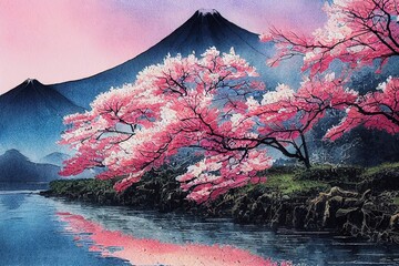 Watercolor Japan. Mount Fuji with blooming skaura. Digital art