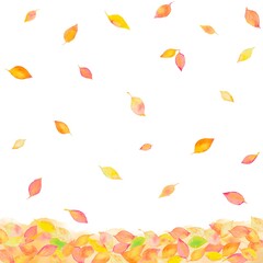 紅葉が降りつもる水彩背景。カラフルな落ち葉の素材。
