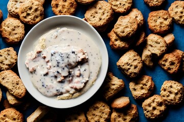 Top view of biscuits and gravy on a white plate, with other biscuits surrounding the plate