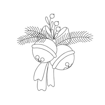 Christmas bell with fir tree branches, plant, bow, ribbon, simple outline vector illustration in doodle style Christmas holiday decor, New Year festive hand drawn image for card, poster, coloring page
