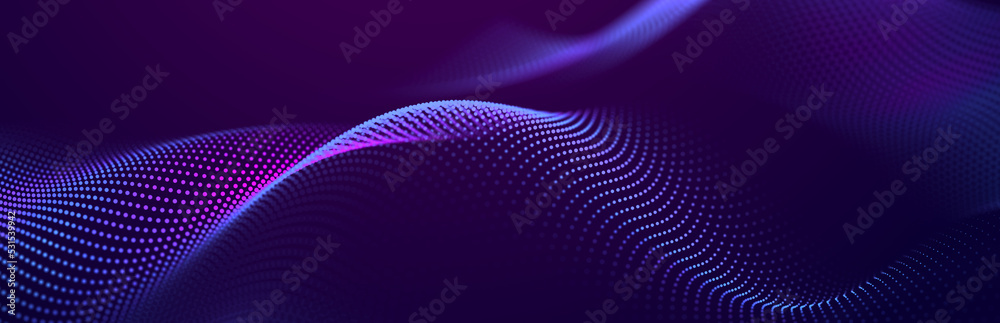Wall mural particle stream. purple background with many glowing particles. information technology background. 3