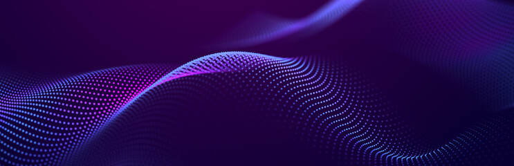 Particle stream. Purple background with many glowing particles. Information technology background. 3d rendering.