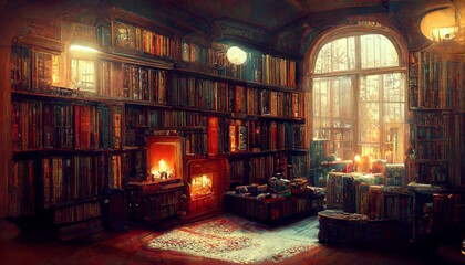 Fantasy library with hundreds of books with cozy fireplace - obrazy, fototapety, plakaty