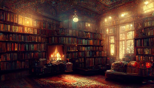 Fantasy Library With Hundreds Of Books In Steampunk Mansion