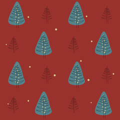 Continuous line drawing art of Christmas tree on a red background