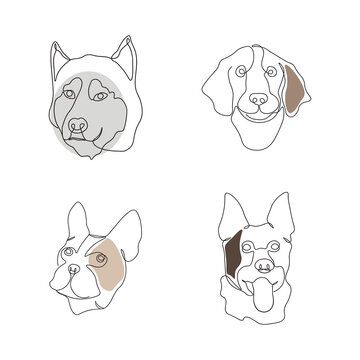 Continuous one line art of dog characters portraits