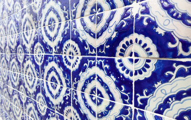 traditional mexican blue wall adornments of handmade hand painted talavera poblana tiles in Atlixco, Puebla city, Mexico