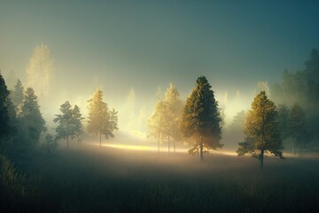 Obraz na płótnie Canvas Forest in the morning in a fog in the sun, trees in a haze of light, glowing fog among the trees, 3D rendering, anime style, style, toon,