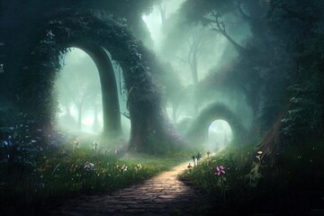 Obraz premium Archway in an enchanted fairy forest landscape, misty dark mood, can be used as background, anime style, style, toon,
