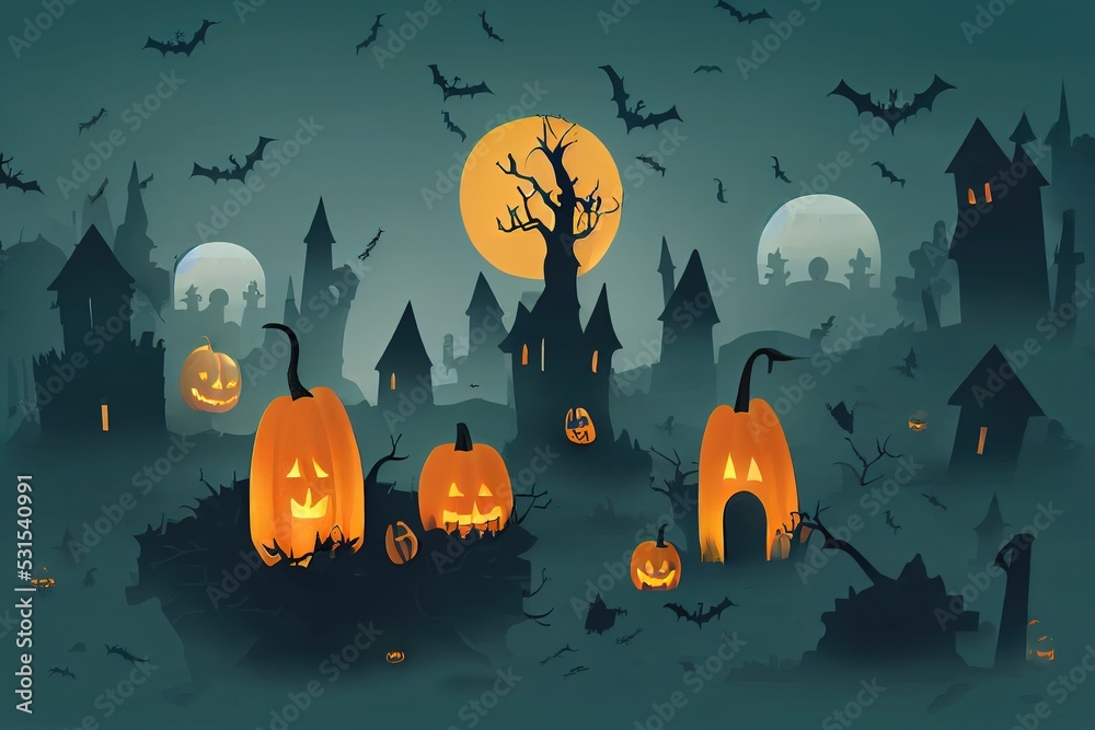 Canvas Prints Graveyard and high spooky castle on top, cemetery with skulls and candles, pumpkins with lights and ghosts. Halloween landscape scene, small boneyard with tombstones and dry trees. Cartoon --ar