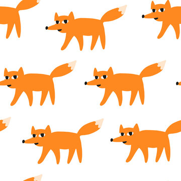 Seamless Pattern With Painted Foxes In Cartoon Style Is Flat. A Sly Fox In Full Height In Profile Runs And Looks. Suitable For Printing Web Design For Children, Teenagers And Cheerful Parents.
