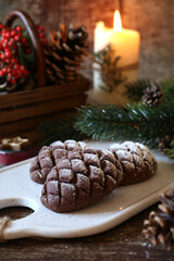 Christmas chocolate pine cone shortbread cookie, New Year's decoration