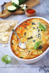 French cuisine. Vegetable zucchini clafoutis with Parmesan