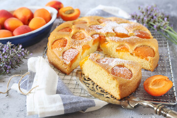 Homemade apricot pie and dry lavender, powdered sugar dressing