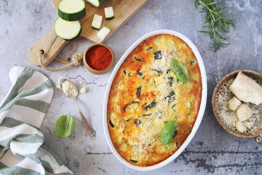 French cuisine. Vegetable zucchini clafoutis with Parmesan  cheese